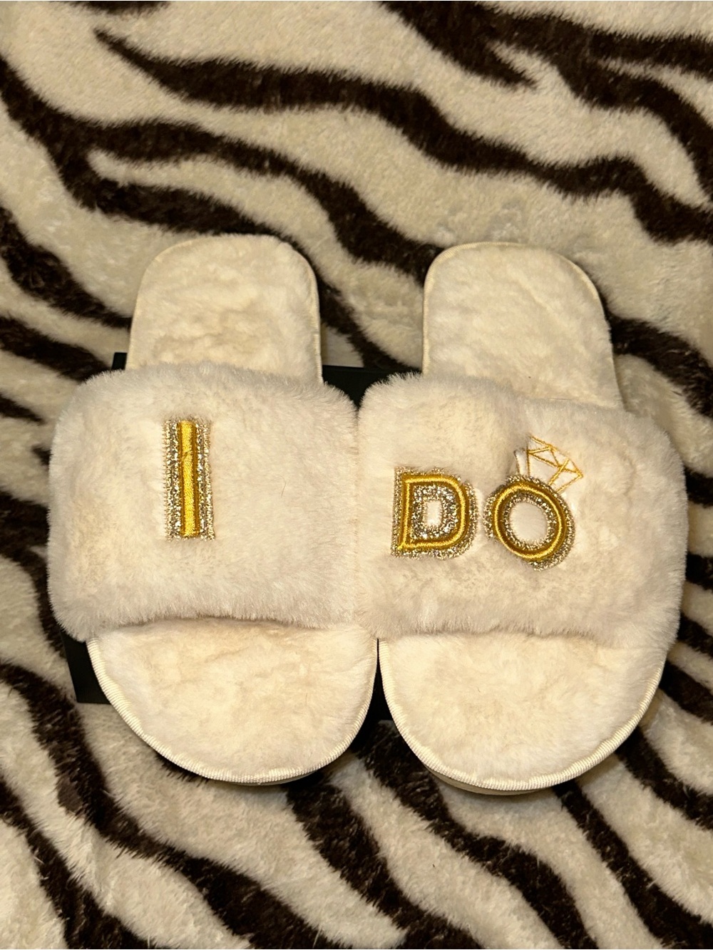 Ivory 'I Do' Plush Slide Slippers with Gold Embroidery